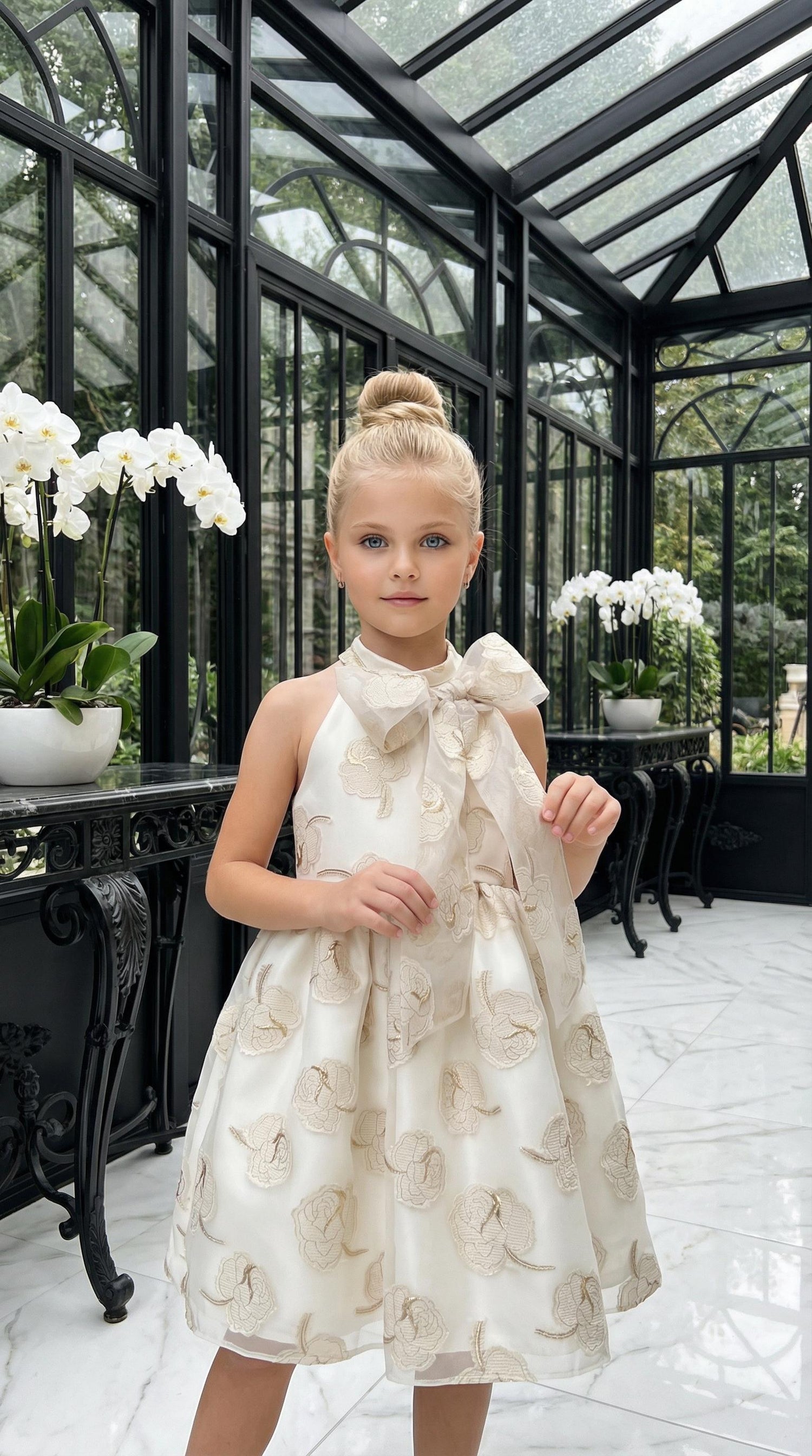 FLORAL JACQUARD YOKE BOW DRESS