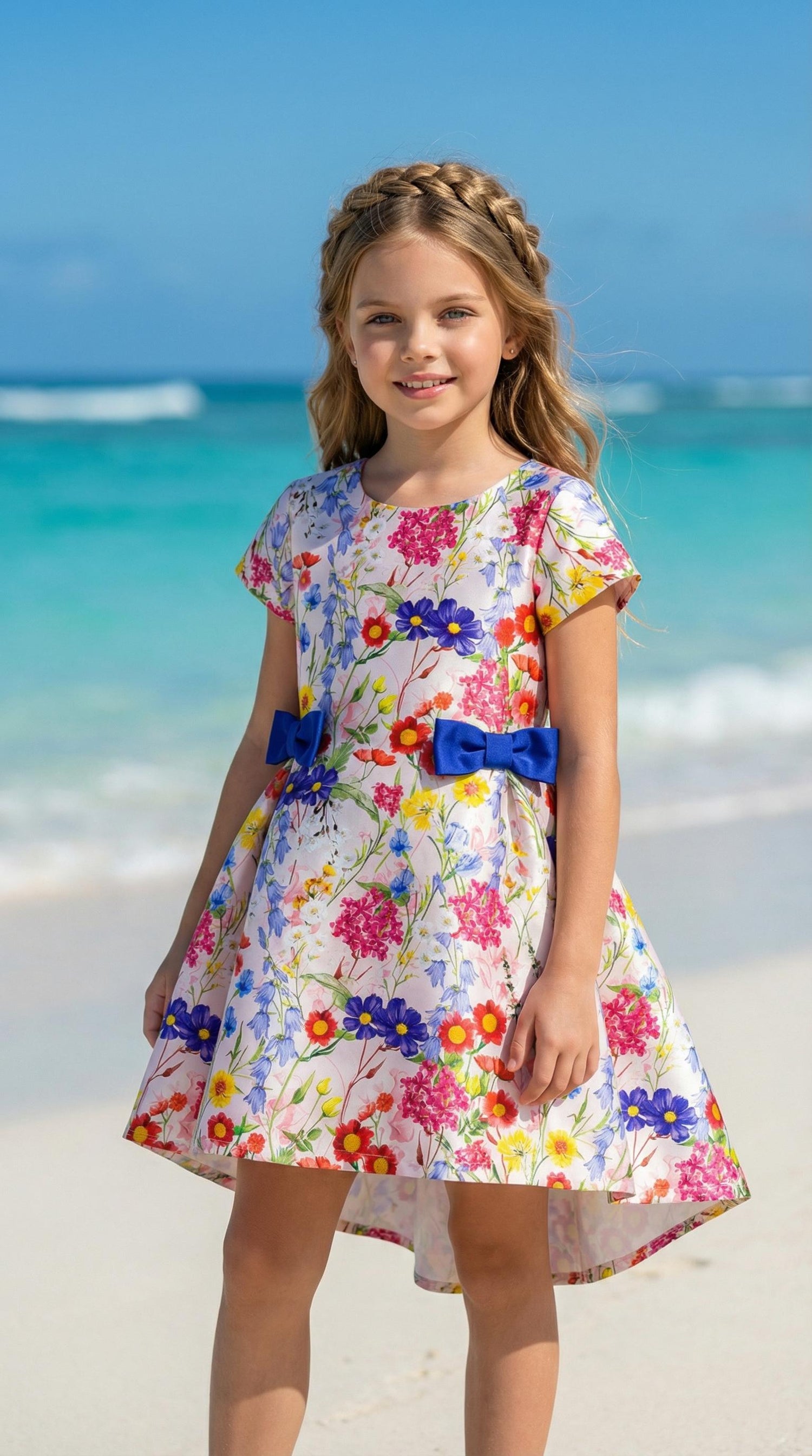 TWO-BOW COLORFUL FLORAL DRESS