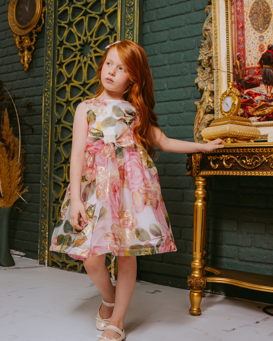 GOLD ROSE JACQUARD BOW DRESS