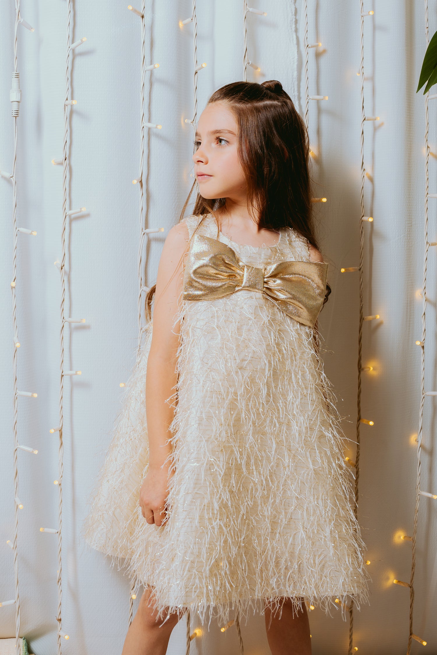 FRINGE GLITTER FABRIC DRESS WITH GOLD BOW