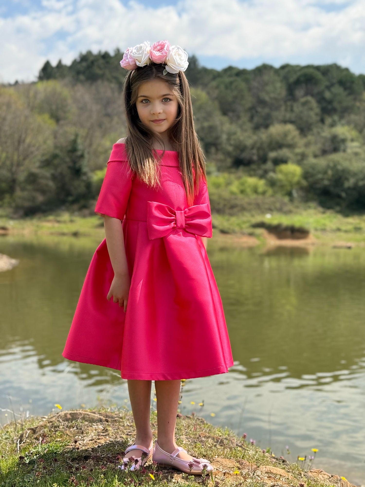 POMEGRANATE RED BOAT NECK DRESS WITH BOW DETAIL