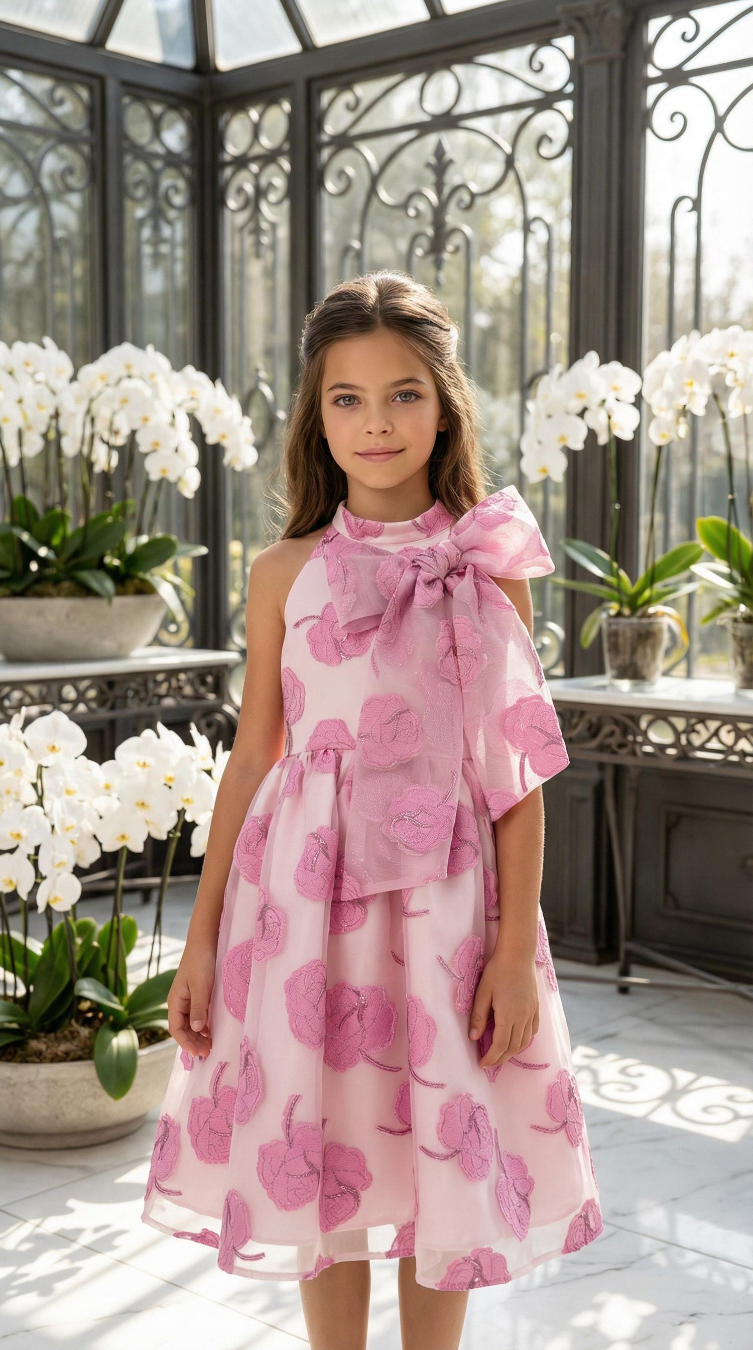 FLORAL JACQUARD YOKE BOW DRESS