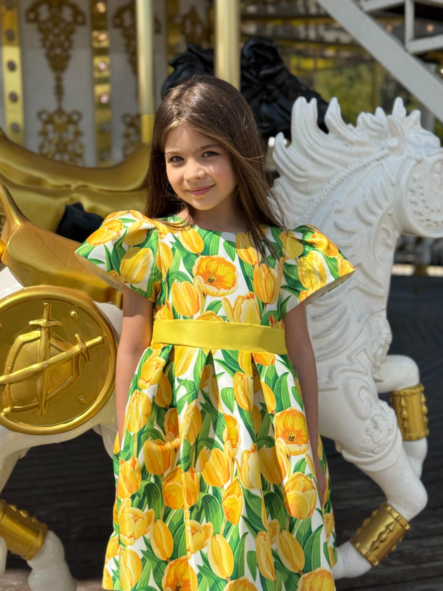 YELLOW TULIP PRINT MATTE SATIN DRESS