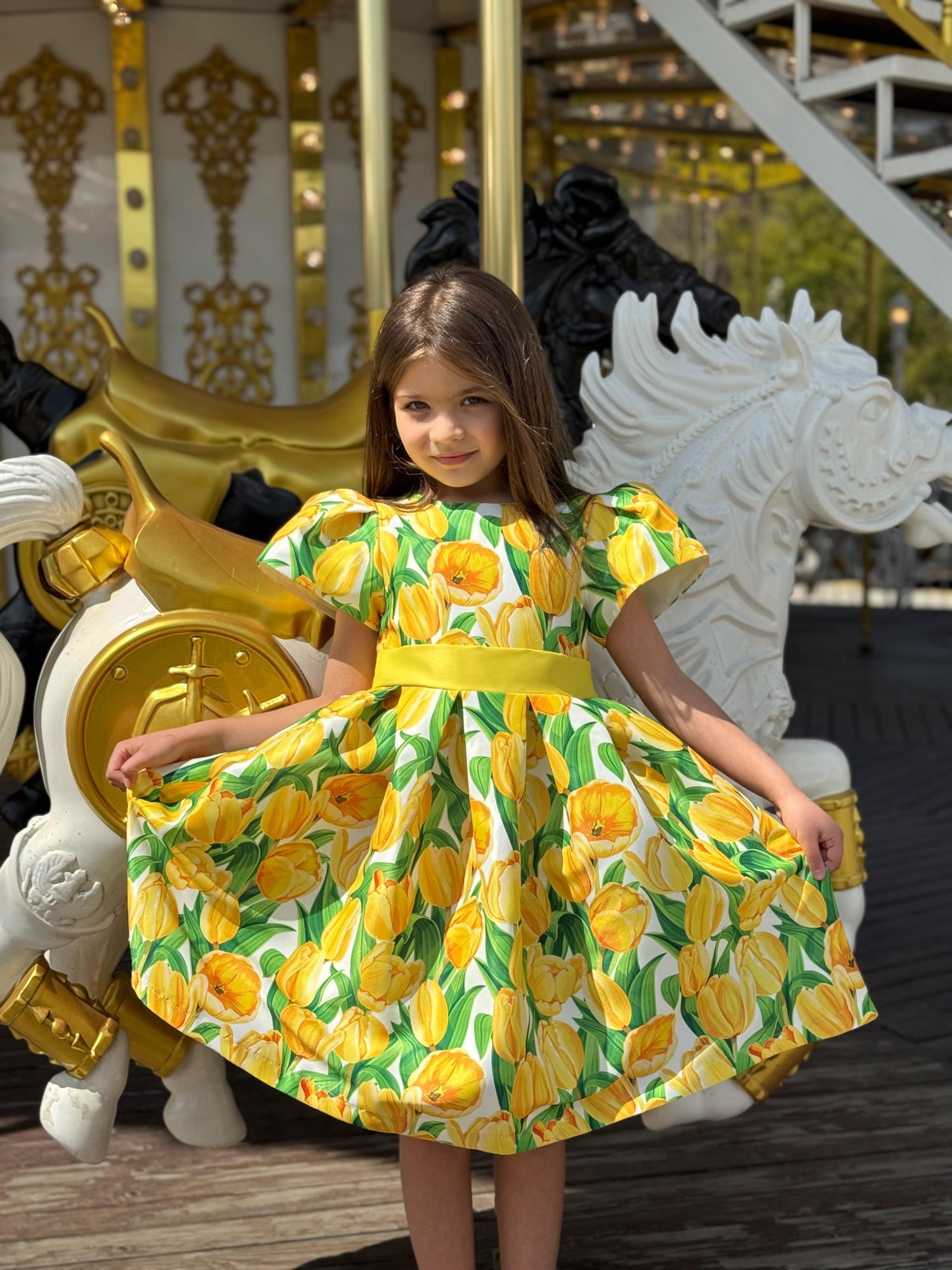 YELLOW TULIP PRINT MATTE SATIN DRESS