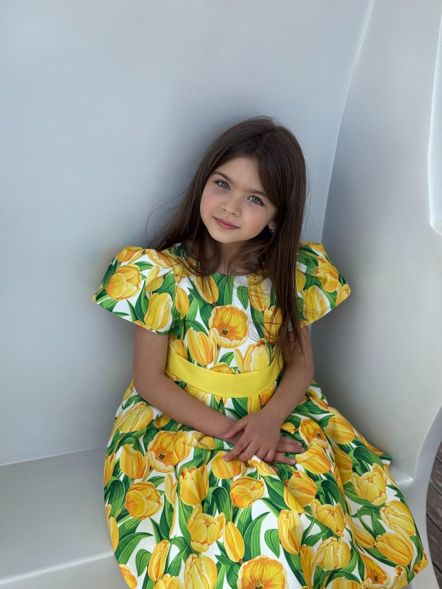 YELLOW TULIP PRINT MATTE SATIN DRESS