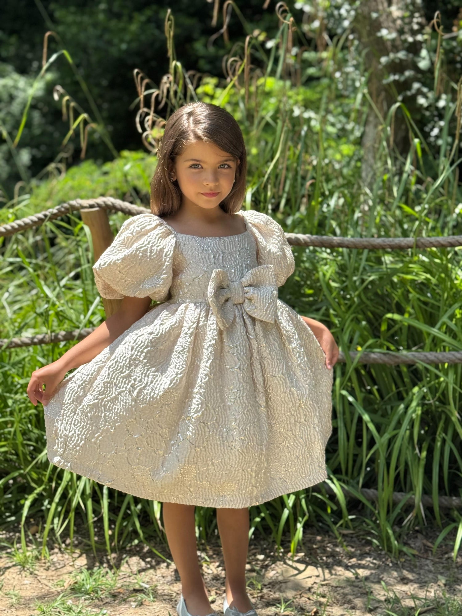 PUFF-SLEEVE BOW JACQUARD DRESS