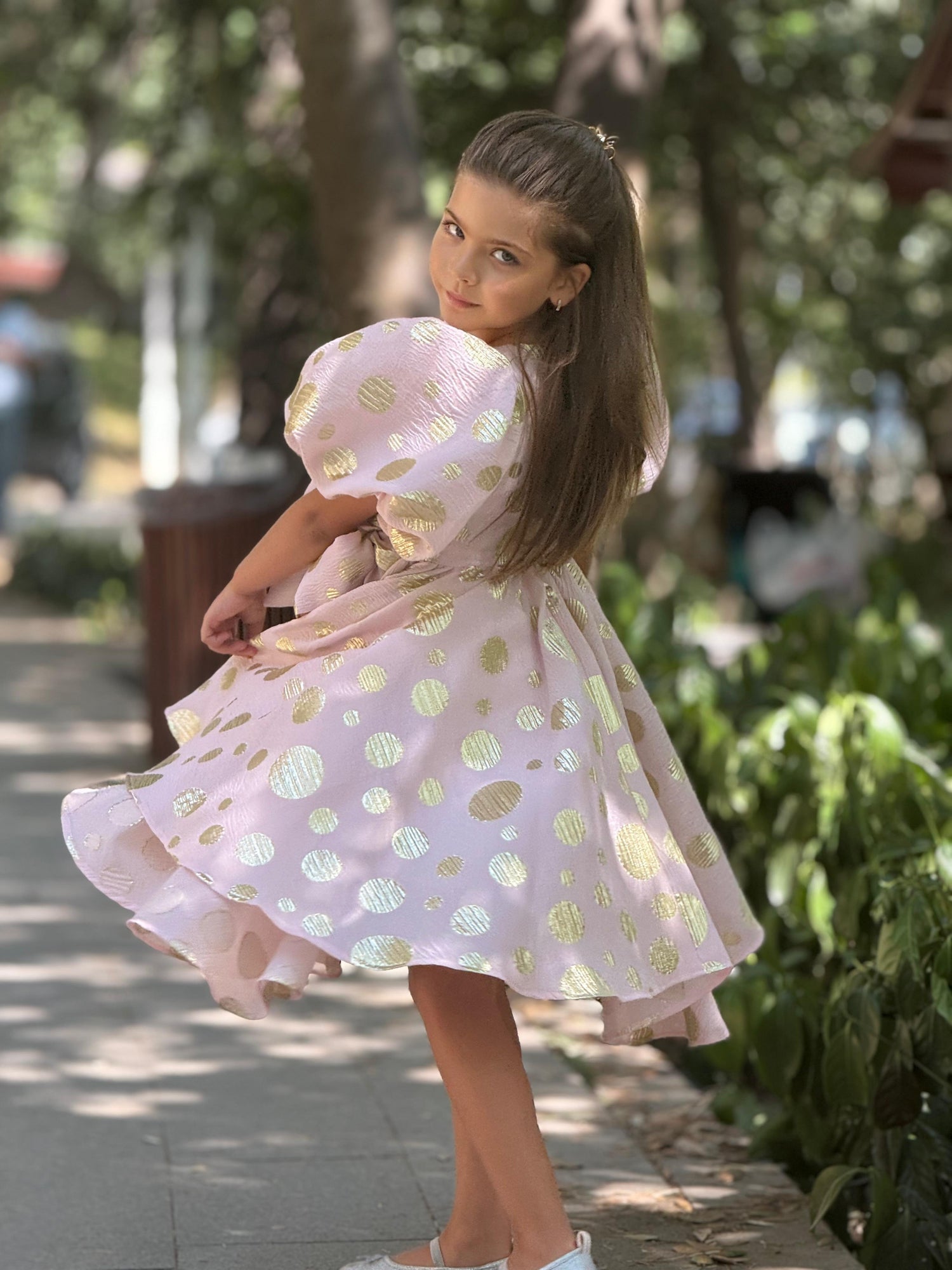 POLKA DOT PUFF SLEEVE GLITTER DRESS