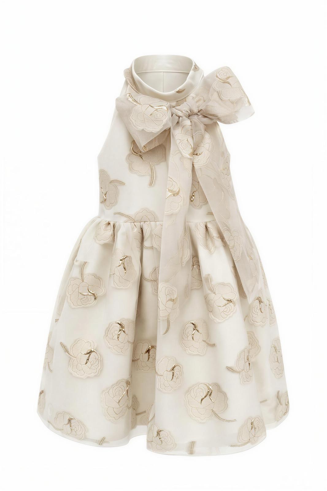 FLORAL JACQUARD YOKE BOW DRESS