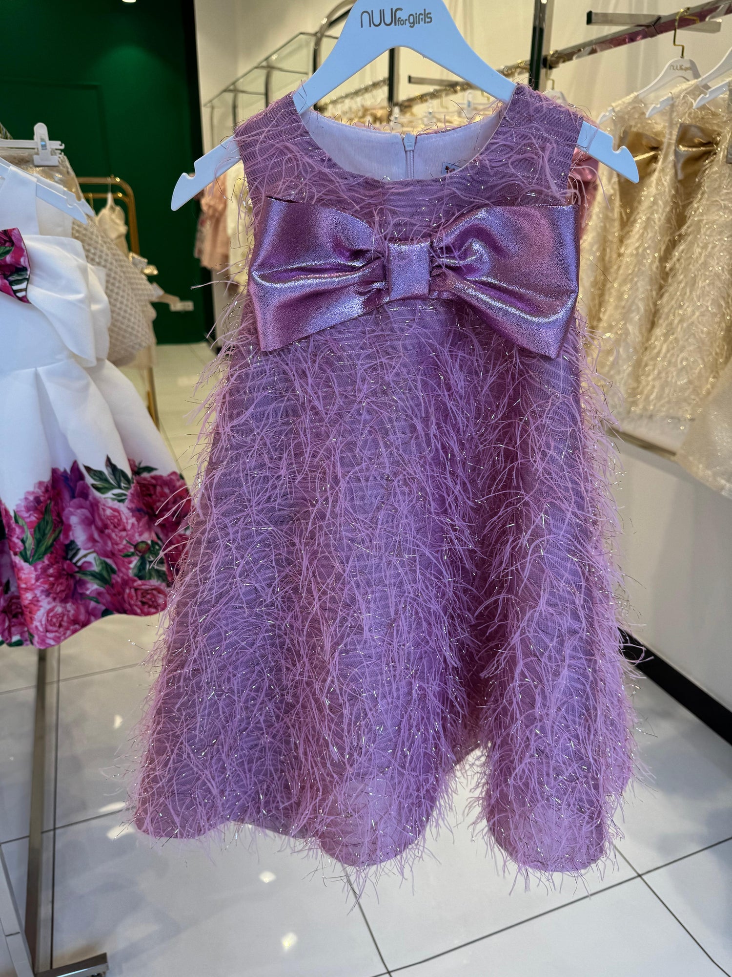 FRINGE GLITTER FABRIC DRESS WITH GOLD BOW